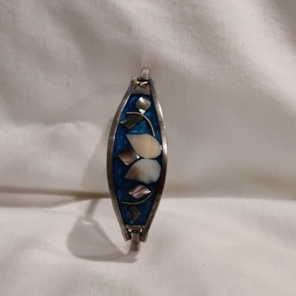 Silver Bangle with Blue Inlaid Panel - Picture 1 of 4